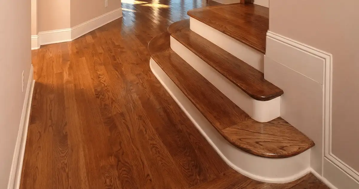 Base floor of a staircase with professionally restored wood flooring in Austin TX
