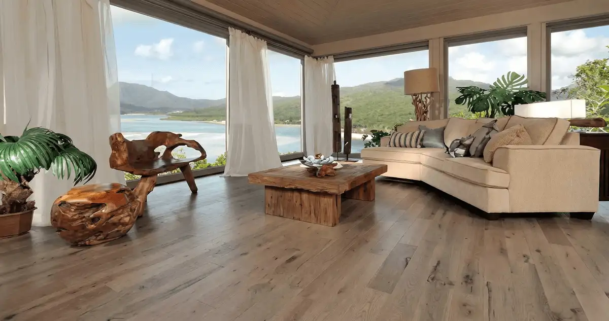 Professionally installed vinyl flooring in a modern living room with large windows in Austin, TX